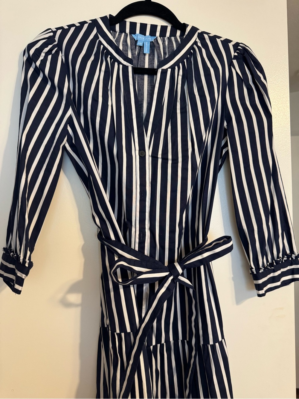 Draper James Navy and White Vertical Stripe Tiered Shirt Dress - Picture 6 of 6
